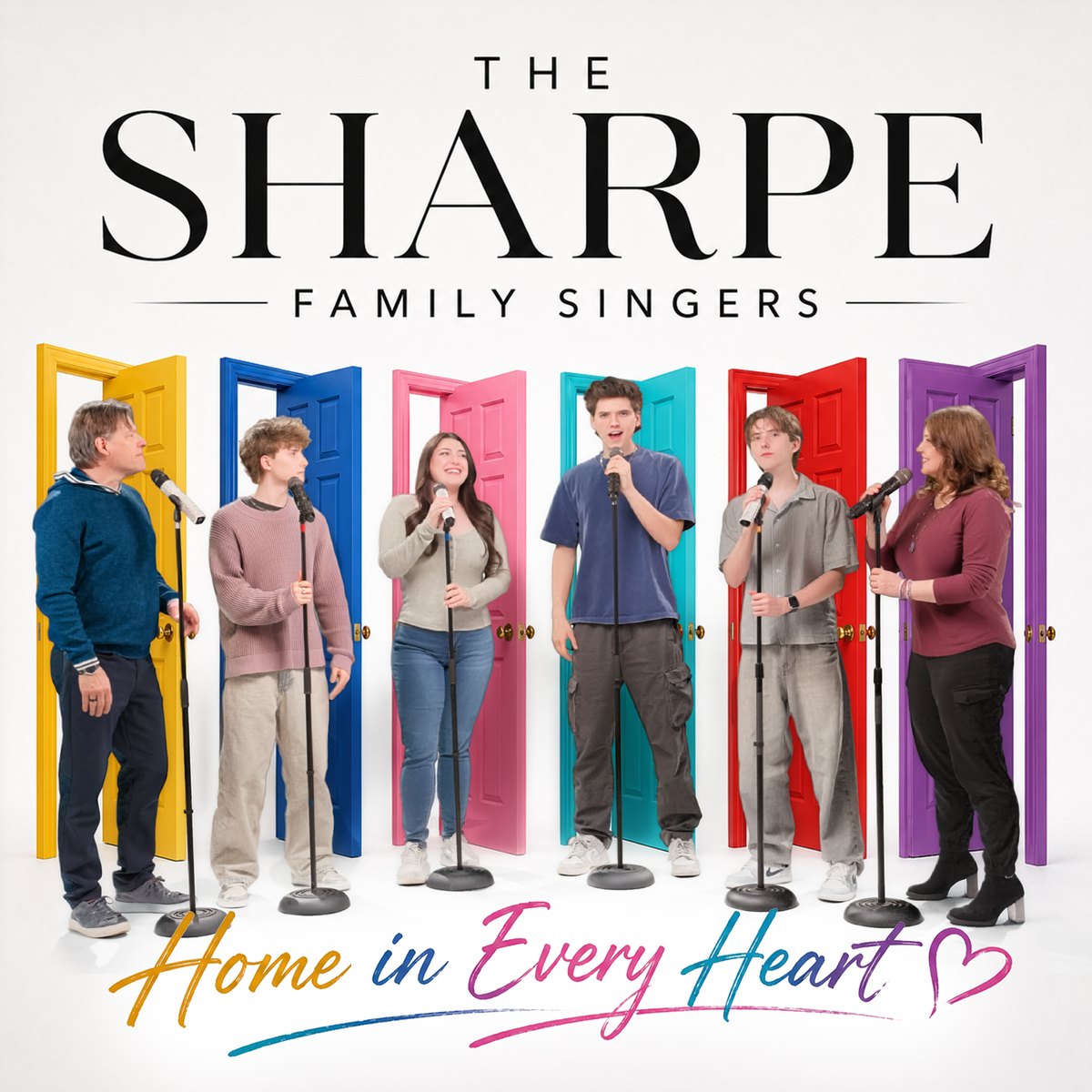 Home in Every Heart single artwork: the six Sharpe Family members singing in six coloured doorways