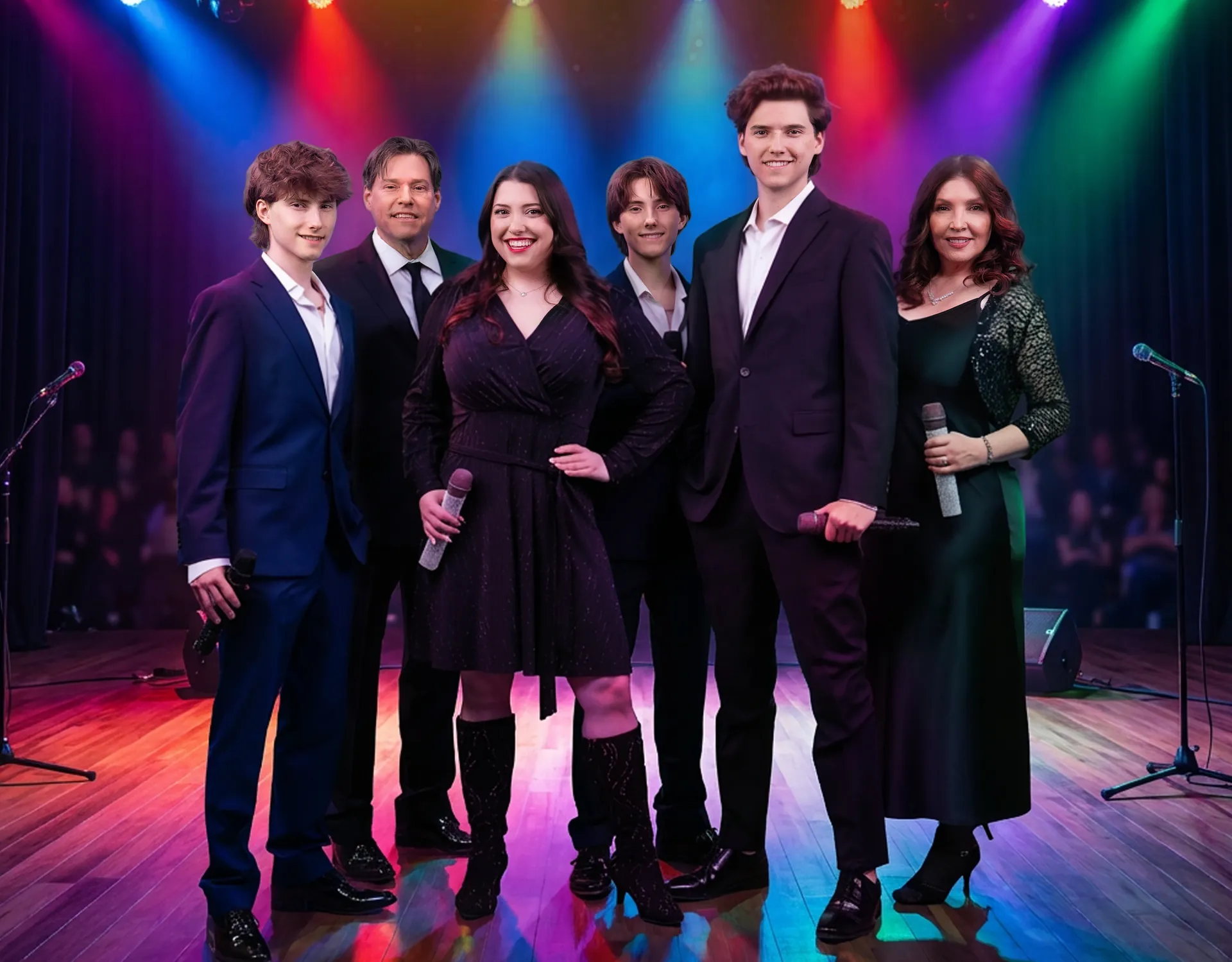 The Sharpe Family Singers on a colour-lit stage, microphones in hand