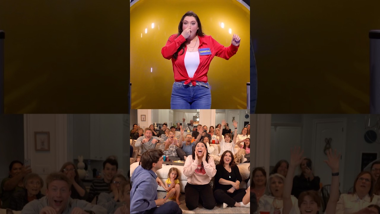 Samantha Sharpe on The Quiz With Balls above her family celebrating the win