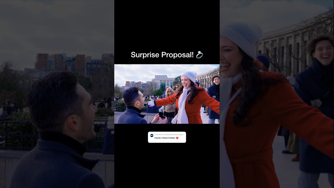 Samantha Sharpe reacting as her partner kneels with an engagement ring